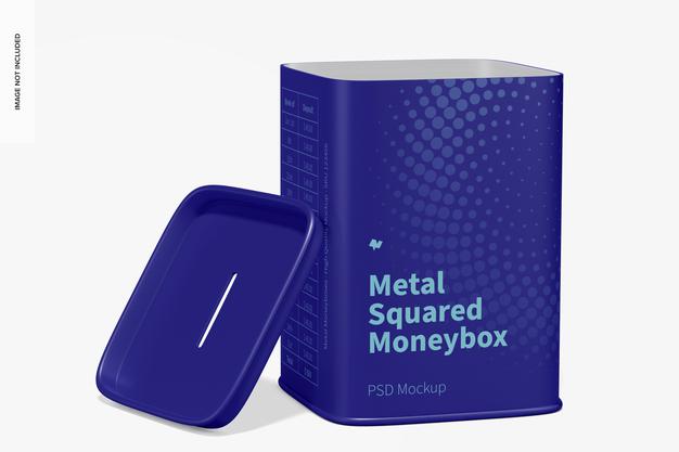 Metal Squared Moneybox Mockup, Opened Psd