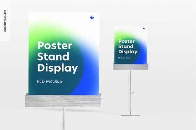 Metallic Poster Stands Display Mockup, Close-Up Psd