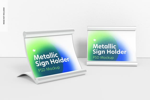 Metallic Table Sign Holders Mockup, Left View Psd