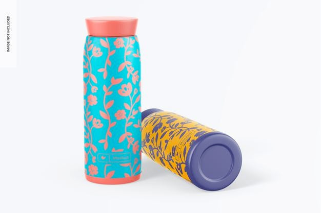 Metallic Thermos Mockup, Standing And Dropped Psd