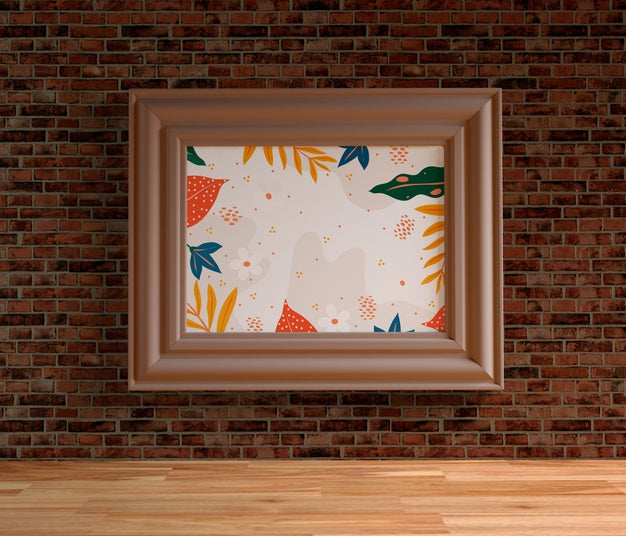 Minimalist Painting Frame Hanging On Brick Wall Psd