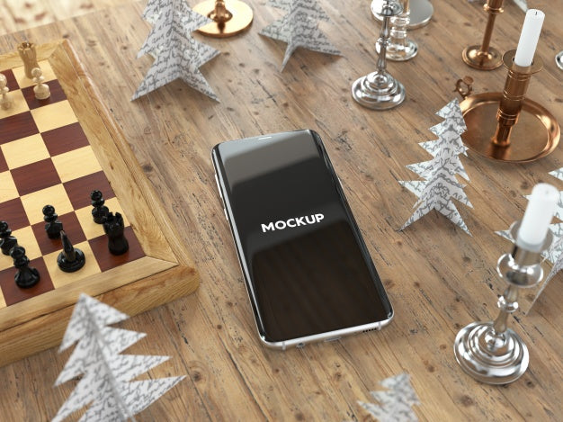 Mobile Phone On Table With Chest Mock Up Design Psd