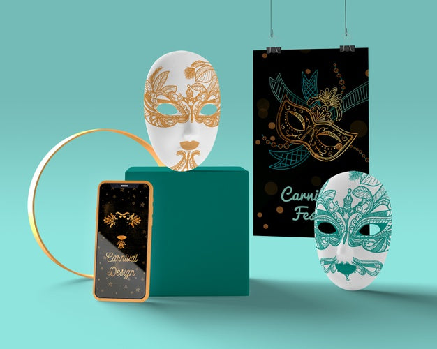 Mobile With Carnival Ad And Masks Psd