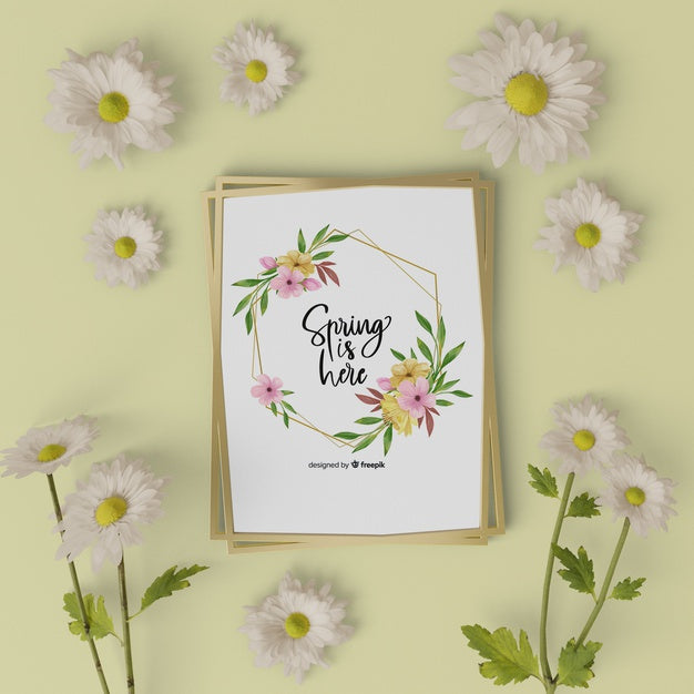 Mock-Up 3D Flowers On Table With Spring Card Psd