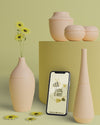 Mock-Up 3D Vases For Flowers With Mobile Device Psd