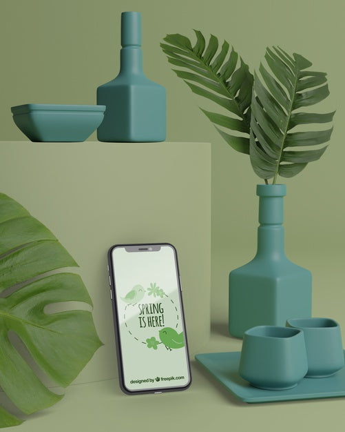 Mock-Up 3D Vases For Flowers With Mobile Psd