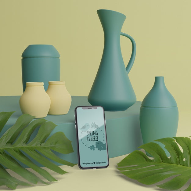 Mock-Up 3D Vases For Flowers With Phone Psd