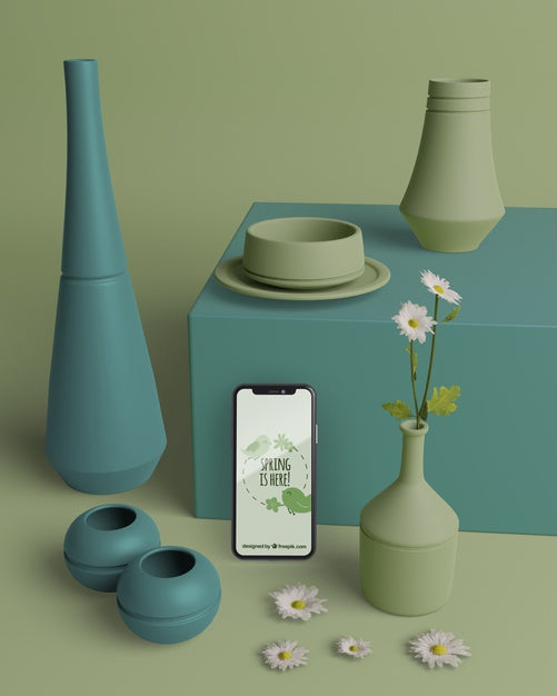 Mock-Up 3D Vases With Mobile On Table Psd