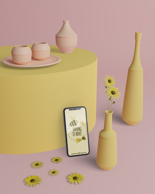 Mock-Up 3D Vases With Phone On Table Psd