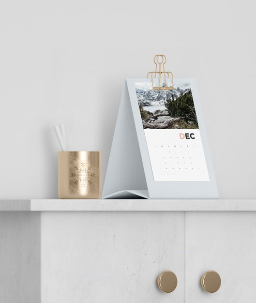 Mock-Up Cardboard Calendar Set Up On Cabinet Psd