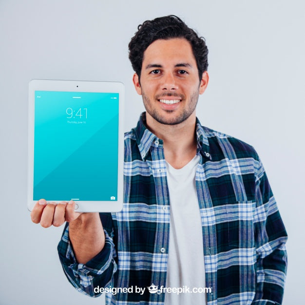 Mock Up Design Of Young Guy With Tablet Psd
