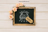Mock Up Design With Floral Ornaments On Blackboard And Label Psd