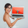 Mock Up Design With Laughing Woman And Laptop Psd