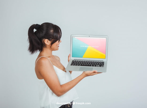 Mock Up Design With Woman Posing Sideways With Laptop Psd