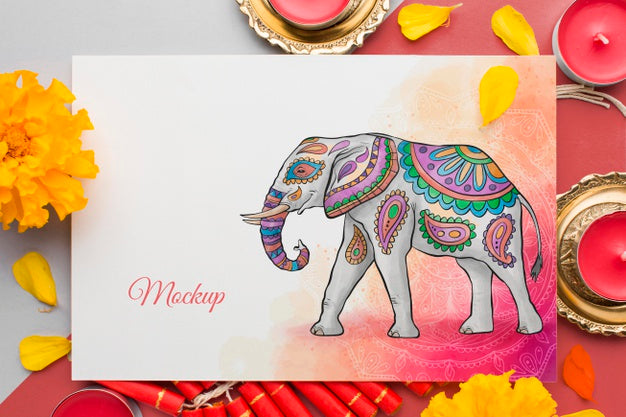 Mock-Up Diwali Hindu Festival Elephant And Flowers Psd