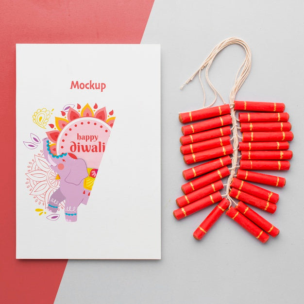 Mock-Up Diwali Hindu Festival Stationery Drawing And Fireworks Psd