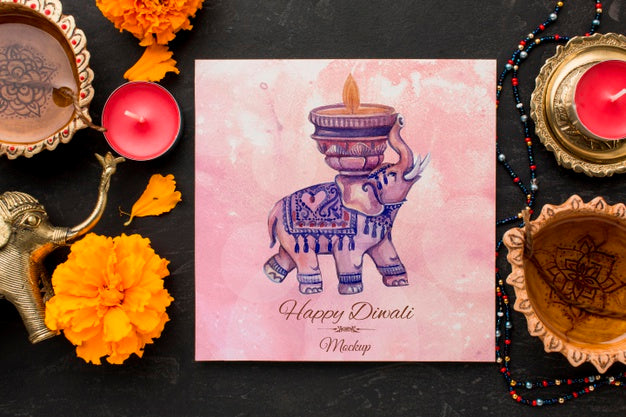 Mock-Up Diwali Hindu Festival With Watercolour Elehpant On Squared Paper Psd