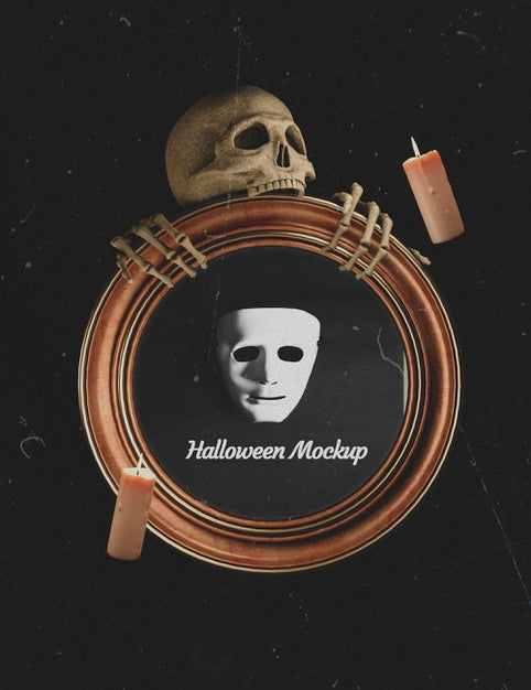 Mock-Up Frame Being Held By A Halloween Skeleton Psd