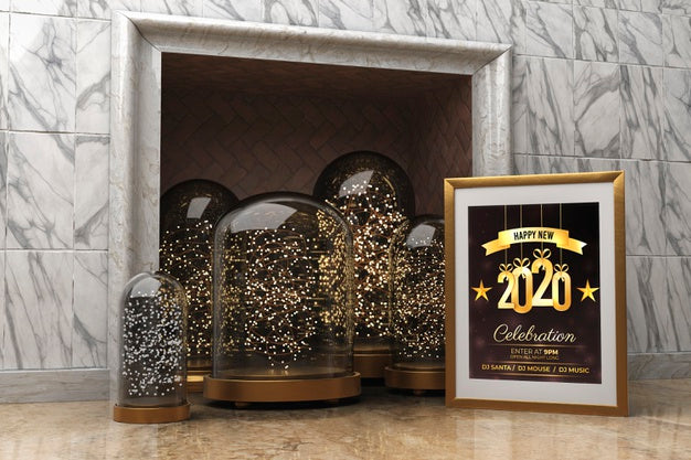 Mock-Up Frame Beside Fireplace With Message For New Year Psd