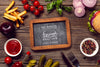 Mock-Up Frame Surrounded By Burger And Ingredients Wooden Background Psd