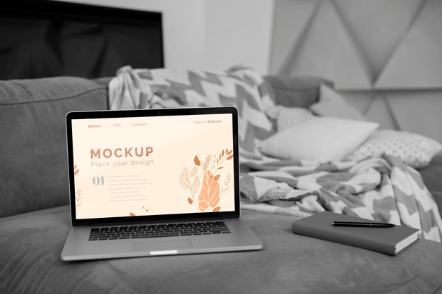 Mock Up Laptop In Bedroom Psd