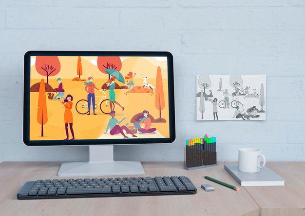 Mock-Up Monitor With Colorful Draw Psd