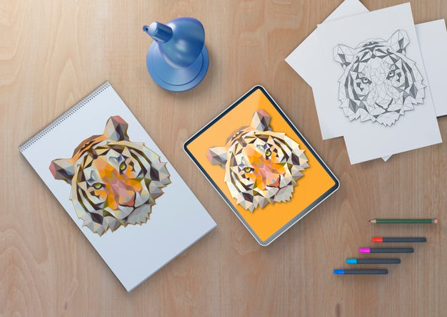 Mock-Up Notebook And Tablet With Tiger Draw Psd