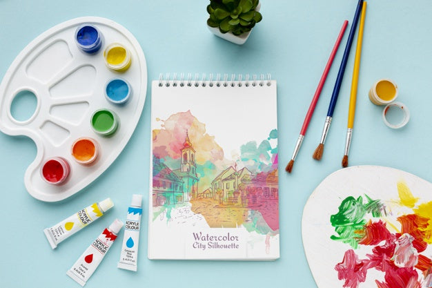 Mock-Up Notebook With Watercolors Psd