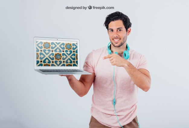 Mock Up Of Laptop'S Screen And Young Man Pointing Psd