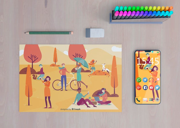 Mock-Up Phone With Colorful Draw Psd