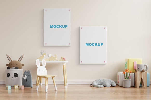 Mock Up Poster Frame In Children Room 3D Rendering Psd