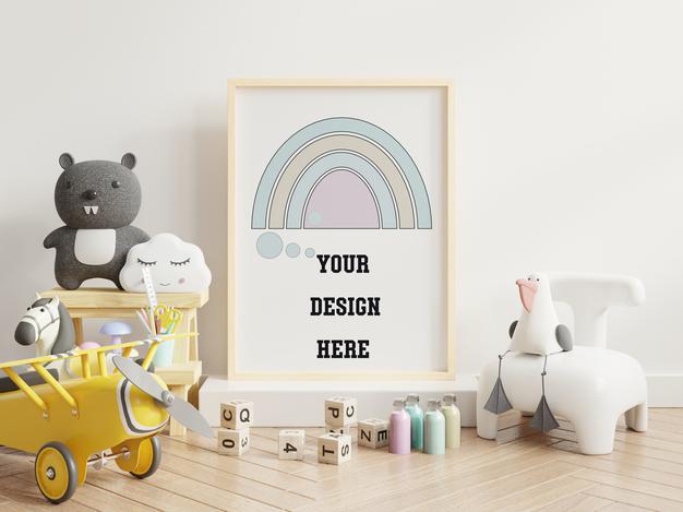 Mock Up Poster Frame In Children Room, 3D Rendering Psd