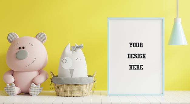 Mock Up Poster Frame In Children Room On Yellow Illuminating Wall Background.3D Rendering Psd