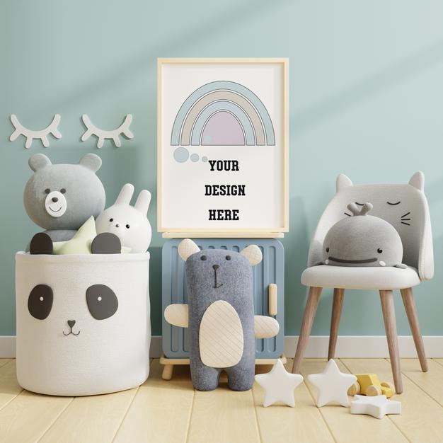 Mock Up Poster Frame In Children Room,Kids Room,Nursery Mockup,3D Rendering Psd