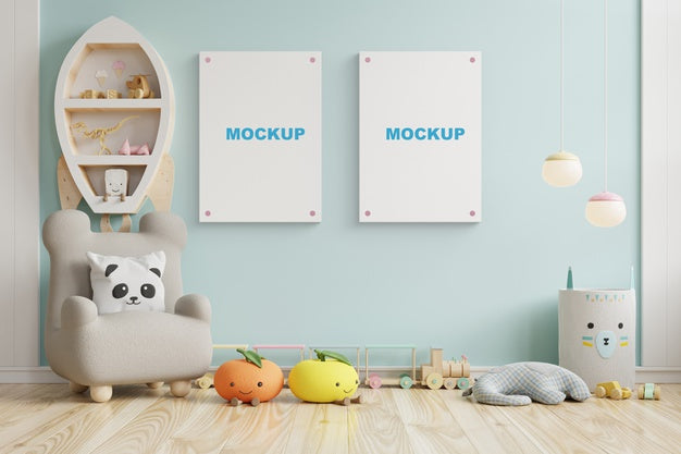 Mock Up Poster Frame In Children Room,Kids Room,Nursery Mockup,Blue Wall,3D Rendering Psd