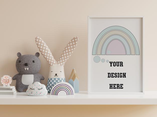 Mock Up Poster In Child Room Interior, Poster On Empty Cream Wall, 3D Rendering Psd