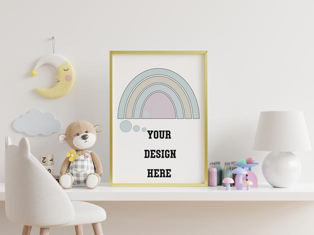 Mock Up Posters In Child Room Interior, Posters On Empty White Wall Background,3D Rendering Psd