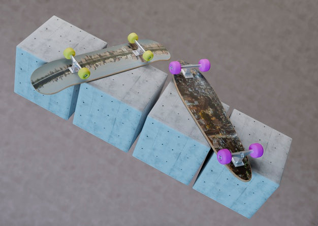 Mock-Up Skateboards Laying On Cubes Psd