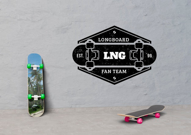 Mock-Up Skateboards Next To Logo Psd