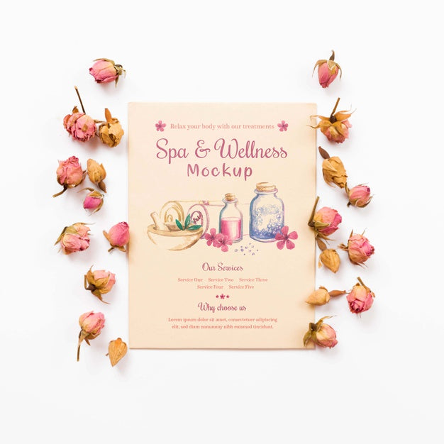Mock-Up Spa And Wellness Surrounded By Roses Psd