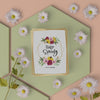 Mock-Up Spring Card On Table With 3D Flowers Psd