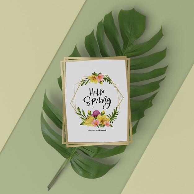 Mock-Up Spring Card On Top Of 3D Leaf Psd
