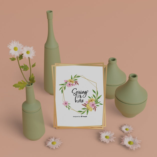 Mock-Up Spring Card With Vases Frame Psd