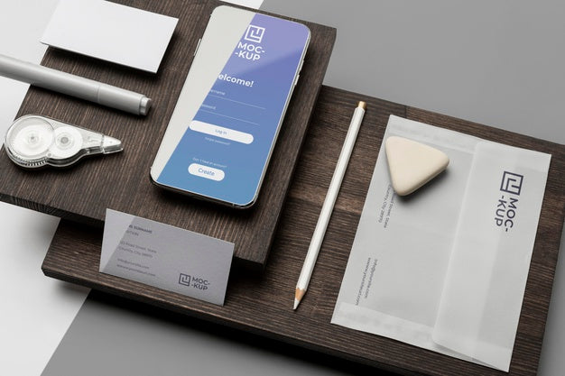 Mock-Up Stationery On Wood Composition Psd