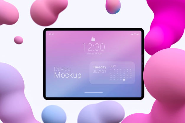 Mock-Up Tablet Composition With Liquid Dynamic Elements Psd