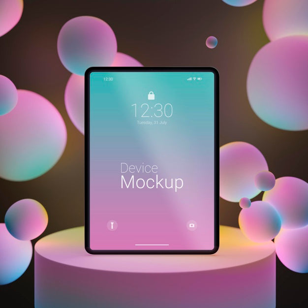 Mock-Up Tablet Composition With Liquid Dynamic Elements Psd