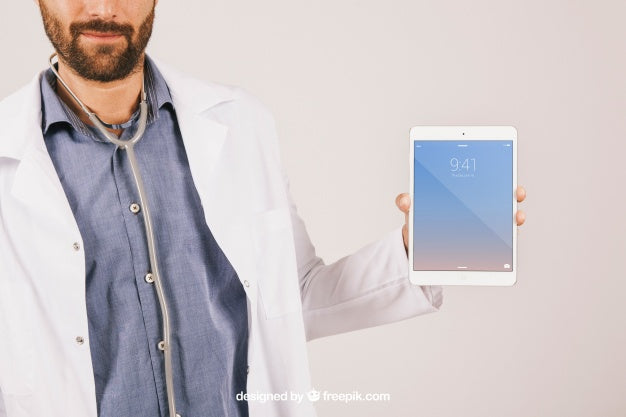 Mock Up With Doctor, Stethoscope And Tablet Psd