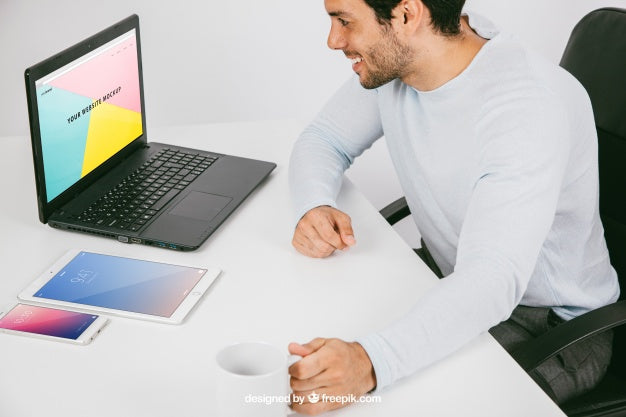 Mock Up With Man And Technological Devices Psd