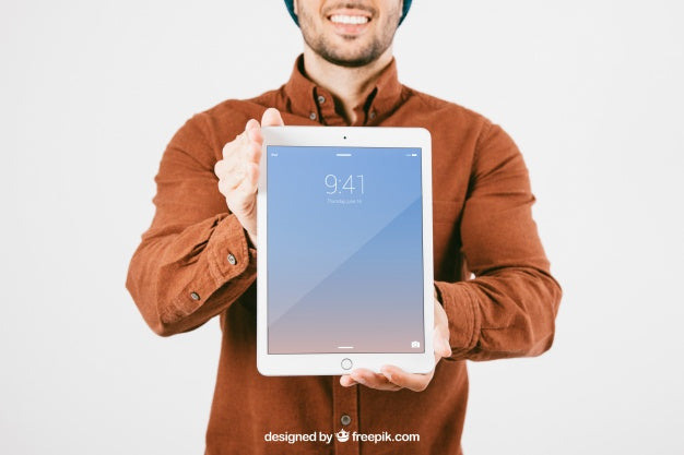 Mock Up With Smiley Man And Tablet Psd