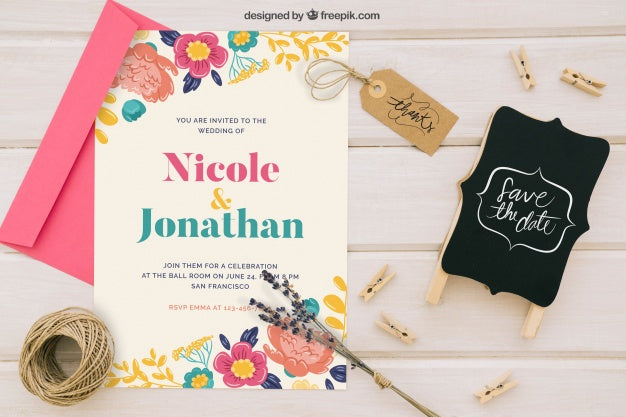 Mock Up With Wedding Invitation Badge And Ornaments Psd
